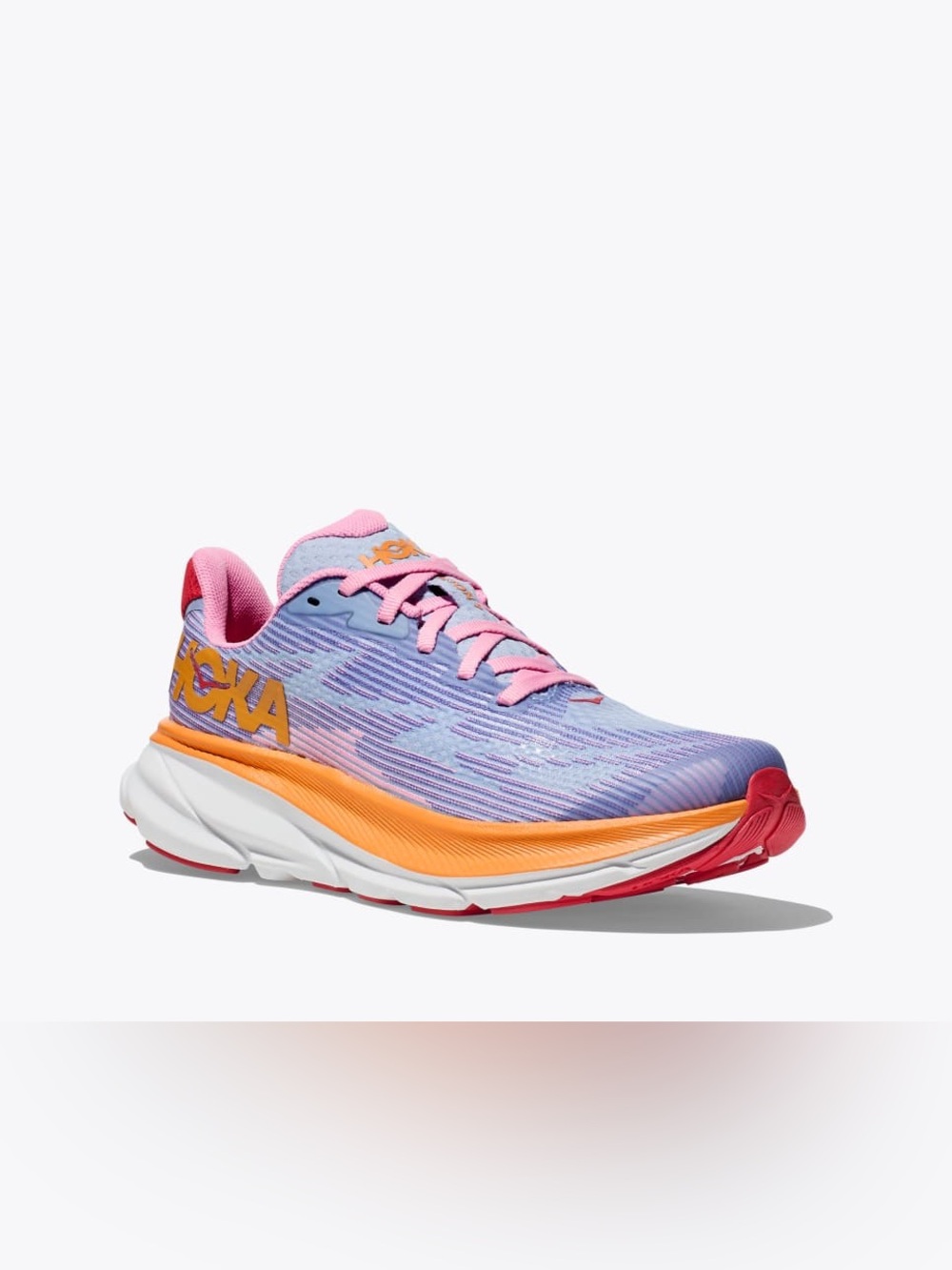 Hoka Women's Lavender Running Shoe with Pink Laces and Orange Midsole